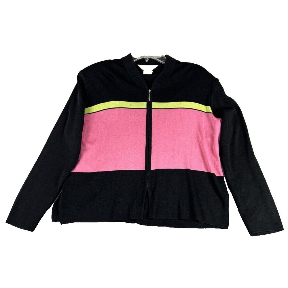 Exclusively Misook M Knit Sweater Jacket Pink Black Colorblock 90s Full‎ Zip VTG